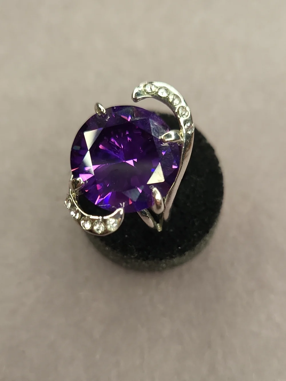 Silver Purple Crystal Cocktail Ring with Clear Accent Stones